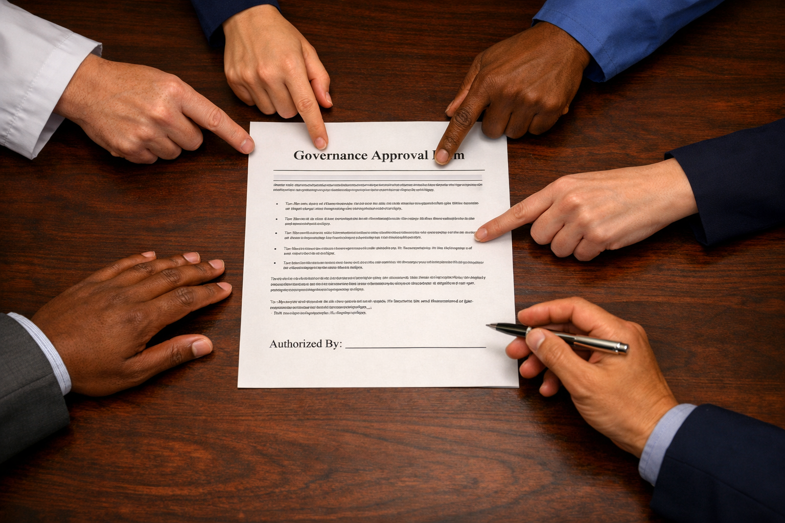 Governance approval form being signed - illustrating the gap between committee process and individual accountability