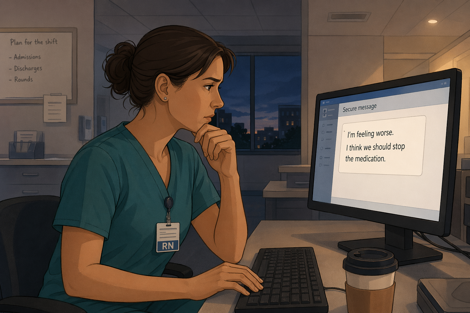 Nurse at clinical workstation at dawn reading a secure patient message with no way to know if a human or AI agent wrote it