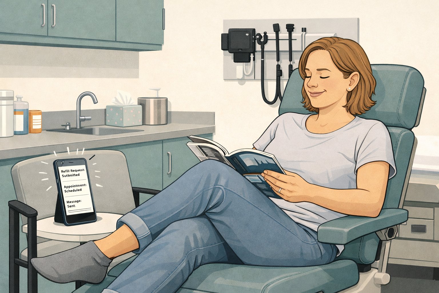 Patient relaxing in exam room while AI agent handles portal tasks on her phone