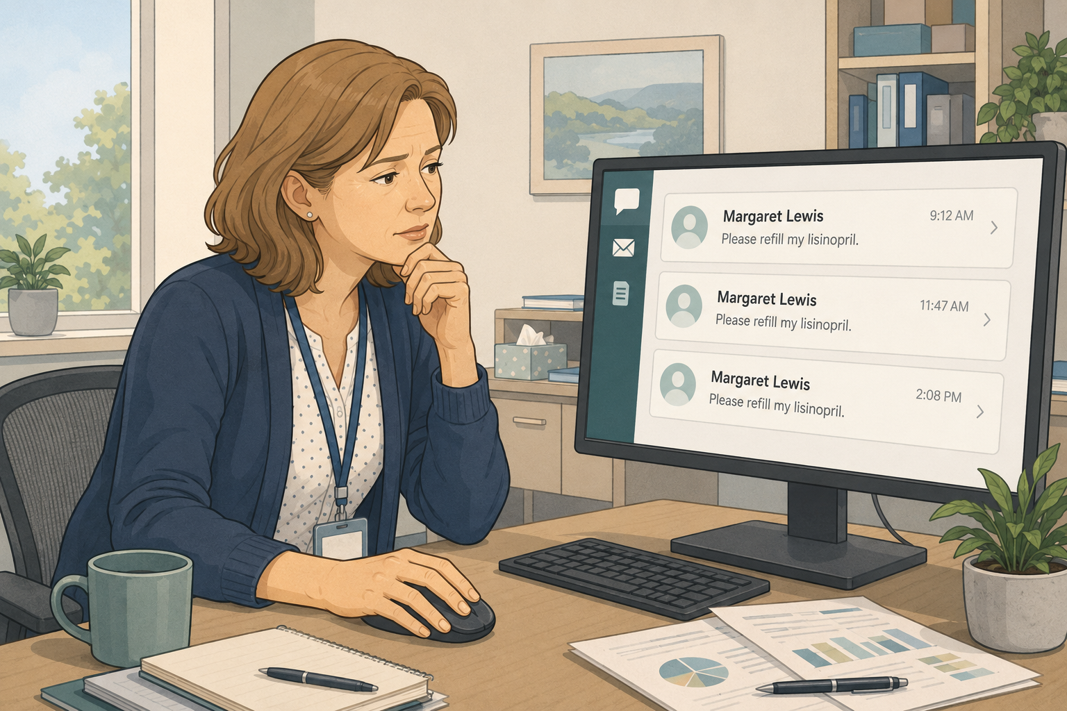 A clinician studies three identical patient portal messages with no way to tell whether the patient, a representative, or an agent sent each one